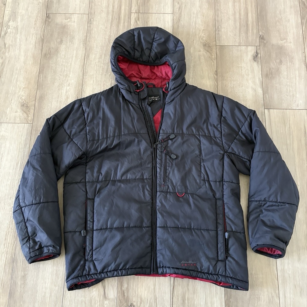 Eddie Bauer EBTEK Mens Large Black Primaloft Insulated Hooded Puffer Jacket